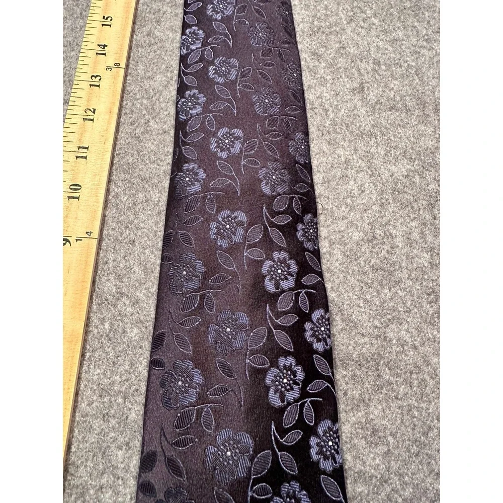 Faconnable Mens Silk Tie Navy Blue Floral Woven Pattern Made in France Classic